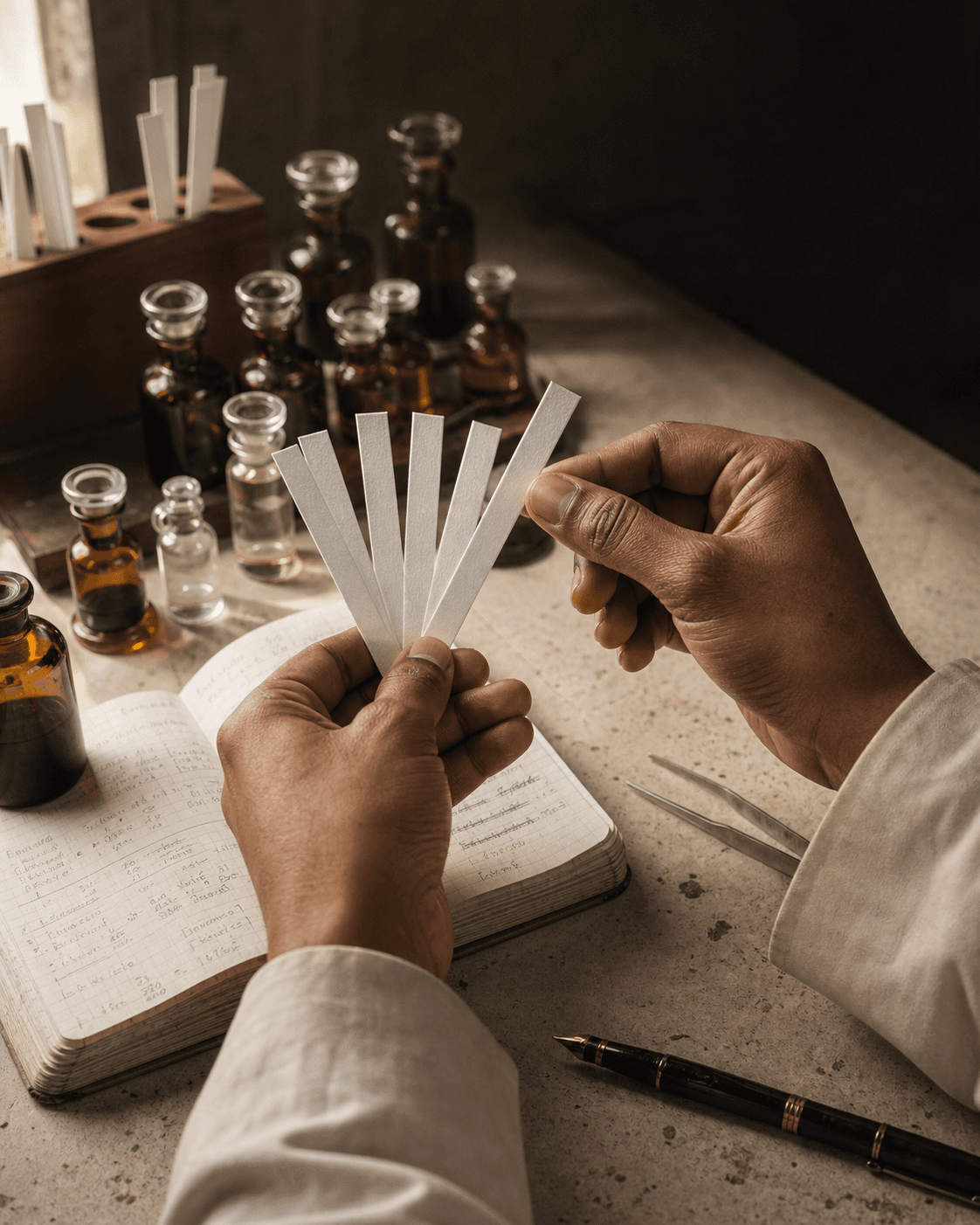 Testing scent strips against a notebook of formulas and raw perfumery ingredients